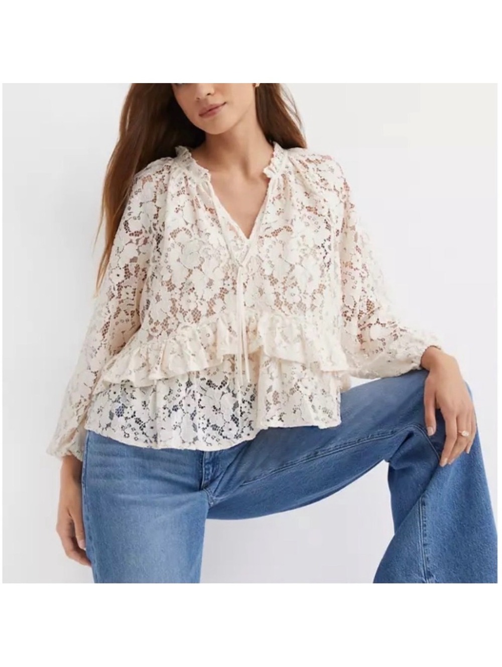 LOFT Floral Lace Blouse Womens M Cream Ruffle Peplum Sheer Romantic Boho Top